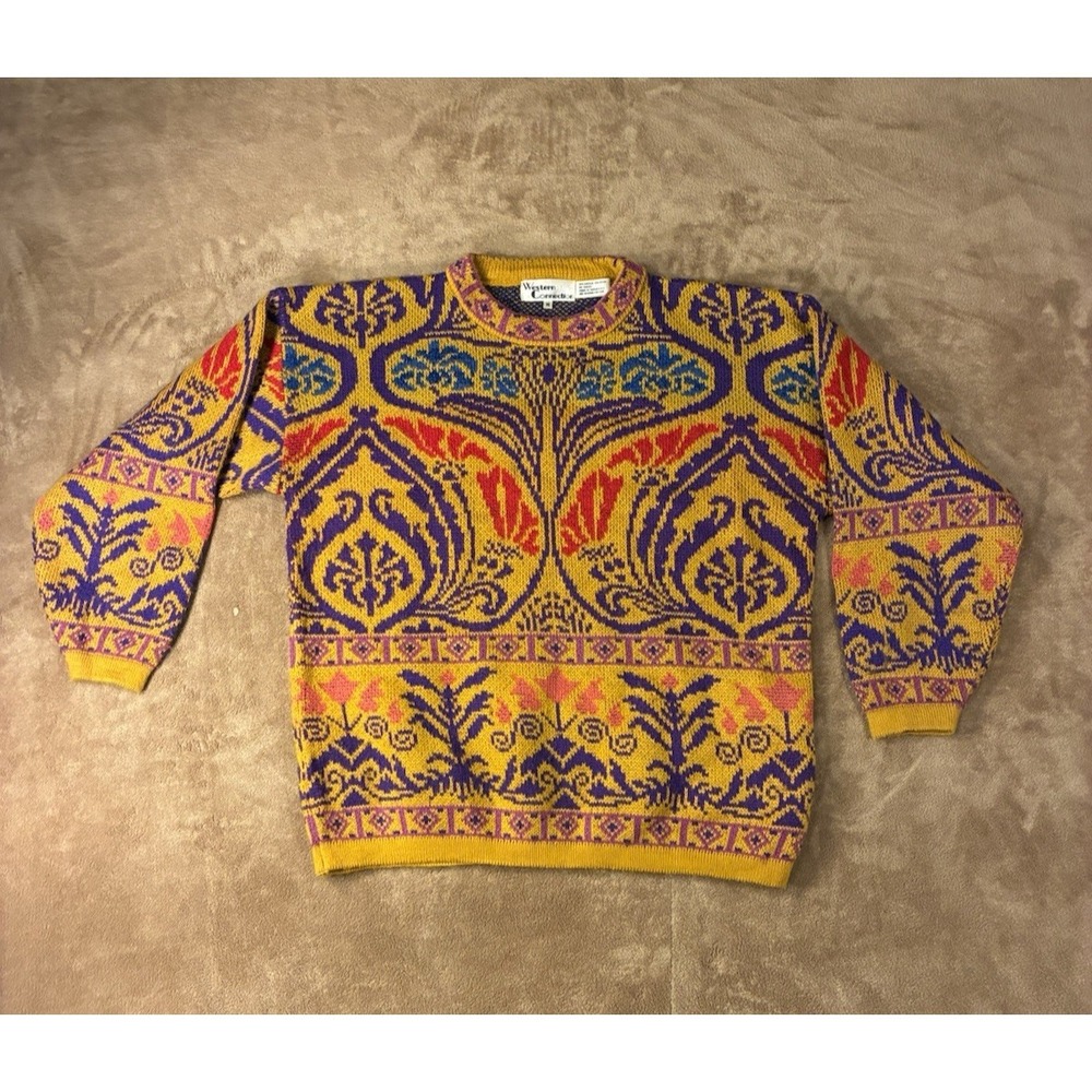 VTG Western Connection Sweater Mens M Baroque Paisley Damask 90s Yellow Purple